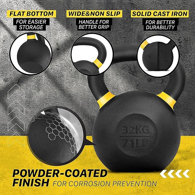 Yes4All Powder Coated Kettlebell, Cast Iron Core Kettlebells with Non-Slip Handle & Flat Bottom for Conditioning, Heavy Duty for Strength Training, 9lb to 71lb - Single & Pair