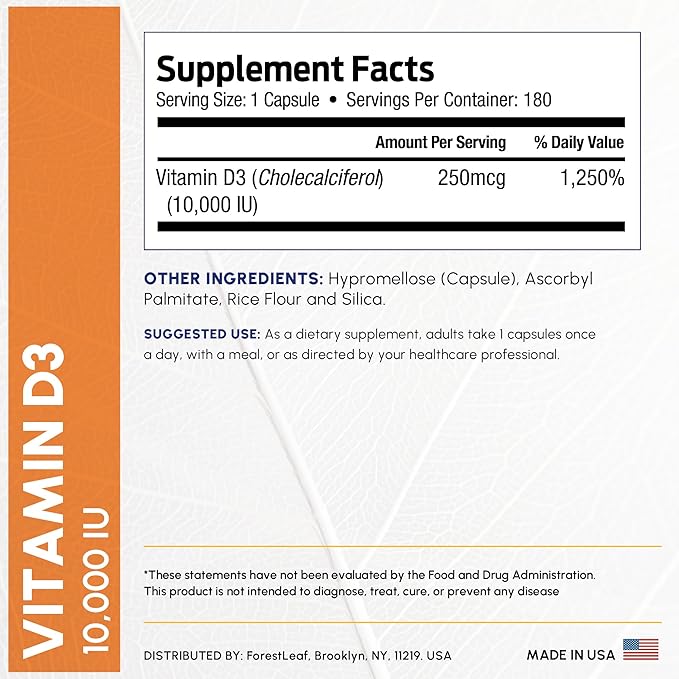 ForestLeaf Vitamin D3 10,000 IU | VIT D - VIT D3 Vitamin D Supplements for Women and Men | Bone Health, Teeth and Immune Support | Easy to Swallow Pills | High Potency Daily, 6-Month Supply, 180 Caps