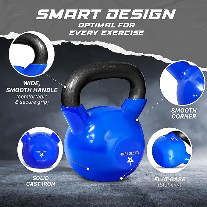Yes4All Kettlebell, 5-100 LB Vinyl Coated Cast Iron Strength Training Kettlebells for Home Gym Exercises, Fitness, Full Body Workout Equipment, Push Ups, and Grip Strength