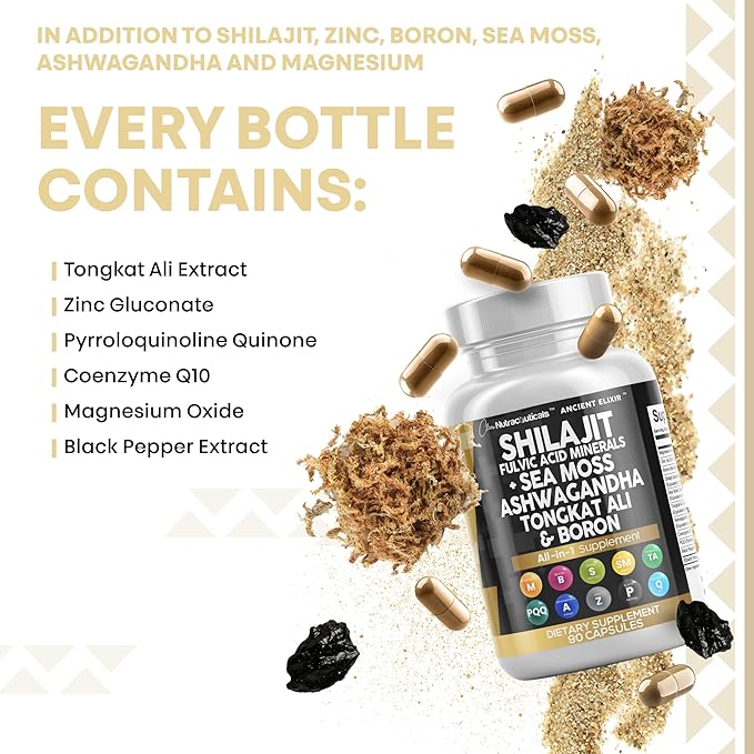 Clean Nutraceuticals Shilajit Supplement for Men with Sea Moss, Tongkat Ali, Ashwagandha, Boron, Zinc, CoQ10, PQQ - Fulvic Acid Capsules - Energy Support - 90 Count - Resin, Gummy & Powder Alternative