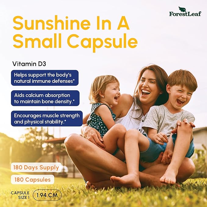 ForestLeaf Vitamin D3 10,000 IU | VIT D - VIT D3 Vitamin D Supplements for Women and Men | Bone Health, Teeth and Immune Support | Easy to Swallow Pills | High Potency Daily, 6-Month Supply, 180 Caps