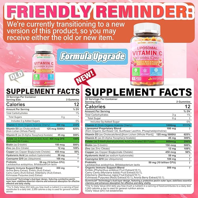 Liposomal Vitamin C 1000mg + D3 5000IU + Zinc Gummies, Elderberry Echinacea for Immune, Folate, Hyaluronic Acid, Copper, VE for Beauty, CoQ10 Energy, Overall Health, Sugar Free, Chewable, Natural