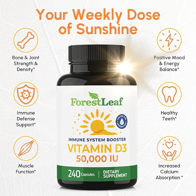 ForestLeaf Vitamin D3 50,000 IU | VIT D - VIT D3 Vitamin D Supplement for Women and Men | Bone Health, Teeth, Immune Support | Easy to Swallow Pills | High Potency WEEKLY Dose, 4-Year Supply, 240 Caps