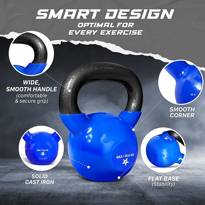 Yes4All Kettlebell, 5-100 LB Vinyl Coated Cast Iron Strength Training Kettlebells for Home Gym Exercises, Fitness, Full Body Workout Equipment, Push Ups, and Grip Strength