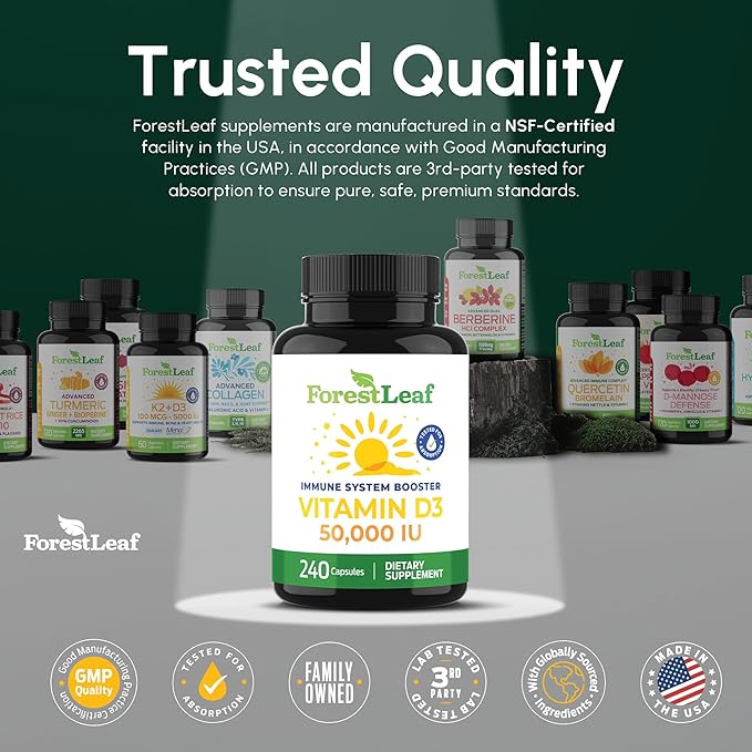 ForestLeaf Vitamin D3 50,000 IU | VIT D - VIT D3 Vitamin D Supplement for Women and Men | Bone Health, Teeth, Immune Support | Easy to Swallow Pills | High Potency WEEKLY Dose, 4-Year Supply, 240 Caps