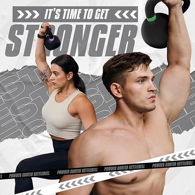 Yes4All Powder Coated Kettlebell, Cast Iron Core Kettlebells with Non-Slip Handle & Flat Bottom for Conditioning, Heavy Duty for Strength Training, 9lb to 71lb - Single & Pair