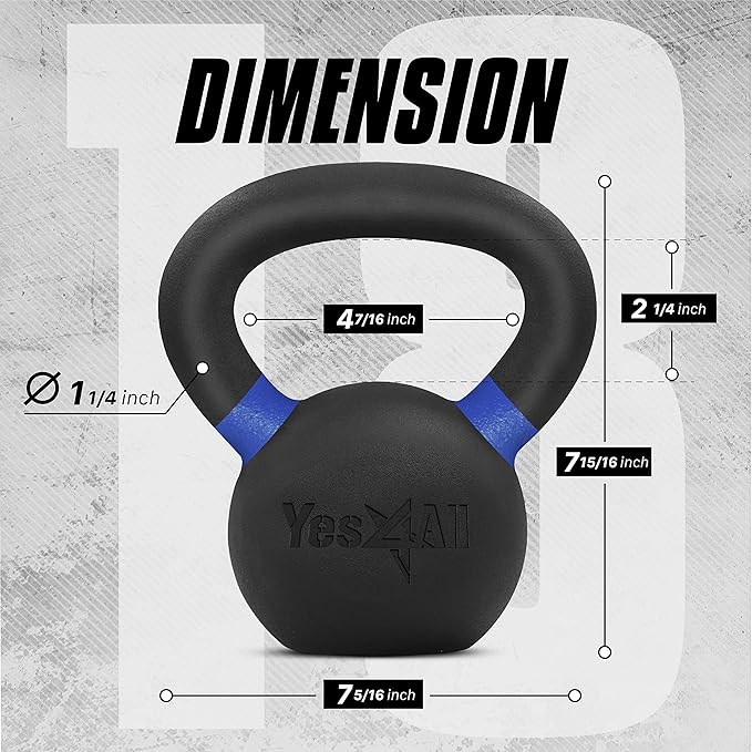 Yes4All Powder Coated Kettlebell, Cast Iron Core Kettlebells with Non-Slip Handle & Flat Bottom for Conditioning, Heavy Duty for Strength Training, 9lb to 71lb - Single & Pair