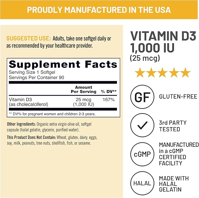 NatureWise Vitamin D3 1000iu (25 mcg) 90-Day Supply for Immune Support, Healthy Muscle Function, and Bone Health - Non-GMO, Gluten Free in Organic Extra Virgin Olive Oil, (Mini Softgel), 90 Count