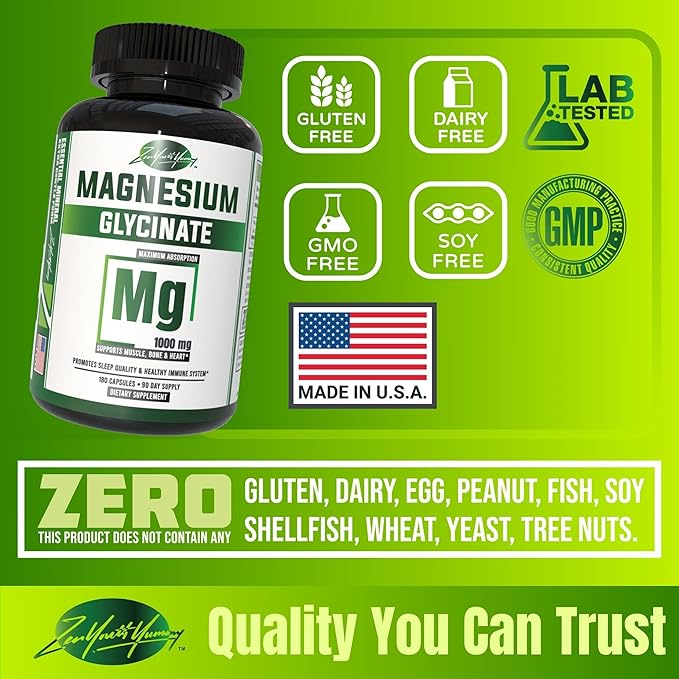 ZYY Pure Magnesium Glycinate Capsules 1000mg Maximum Strength, Chelated for High Absorption Magnesium Supplement for Sleep, Muscle, Brain, Bone and Heart Health, 3rd Party Tested, 180 Capsules