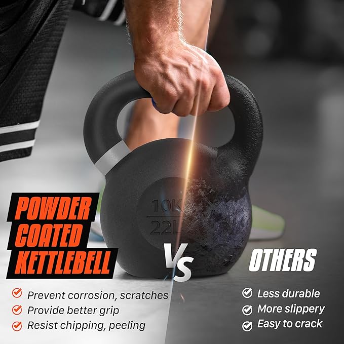 Yes4All Powder Coated Kettlebell, Cast Iron Core Kettlebells with Non-Slip Handle & Flat Bottom for Conditioning, Heavy Duty for Strength Training, 9lb to 71lb - Single & Pair