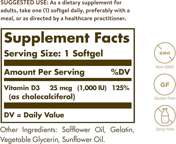 Solgar Vitamin D3 (Cholecalciferol) 25 MCG (1000 IU), 250 Softgels - Helps Maintain Healthy Bones & Teeth - Immune System Support - Non-GMO, Gluten-Free, Dairy Free - 250 Servings
