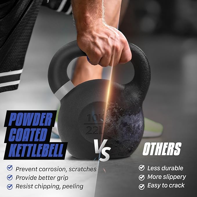 Yes4All Powder Coated Kettlebell, Cast Iron Core Kettlebells with Non-Slip Handle & Flat Bottom for Conditioning, Heavy Duty for Strength Training, 9lb to 71lb - Single & Pair