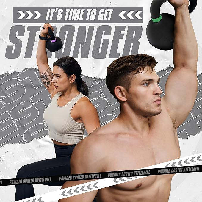 Yes4All Powder Coated Kettlebell, Cast Iron Core Kettlebells with Non-Slip Handle & Flat Bottom for Conditioning, Heavy Duty for Strength Training, 9lb to 71lb - Single & Pair