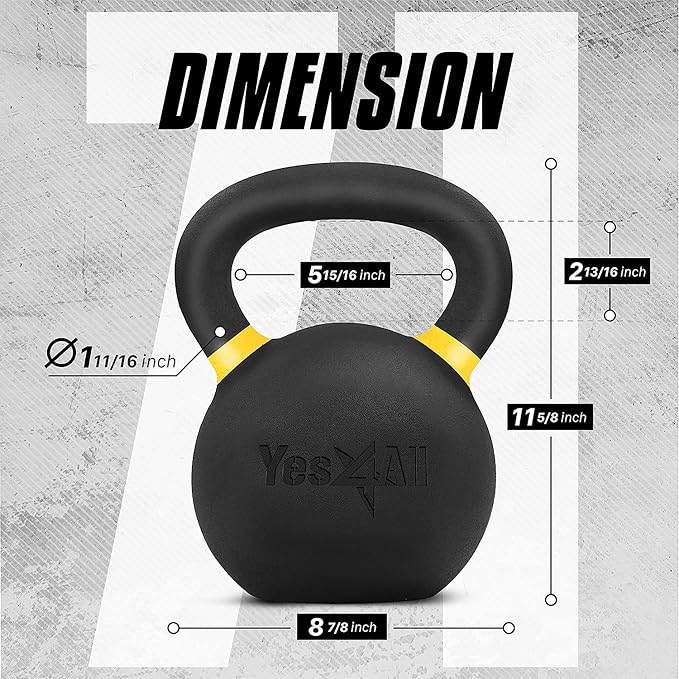 Yes4All Powder Coated Kettlebell, Cast Iron Core Kettlebells with Non-Slip Handle & Flat Bottom for Conditioning, Heavy Duty for Strength Training, 9lb to 71lb - Single & Pair