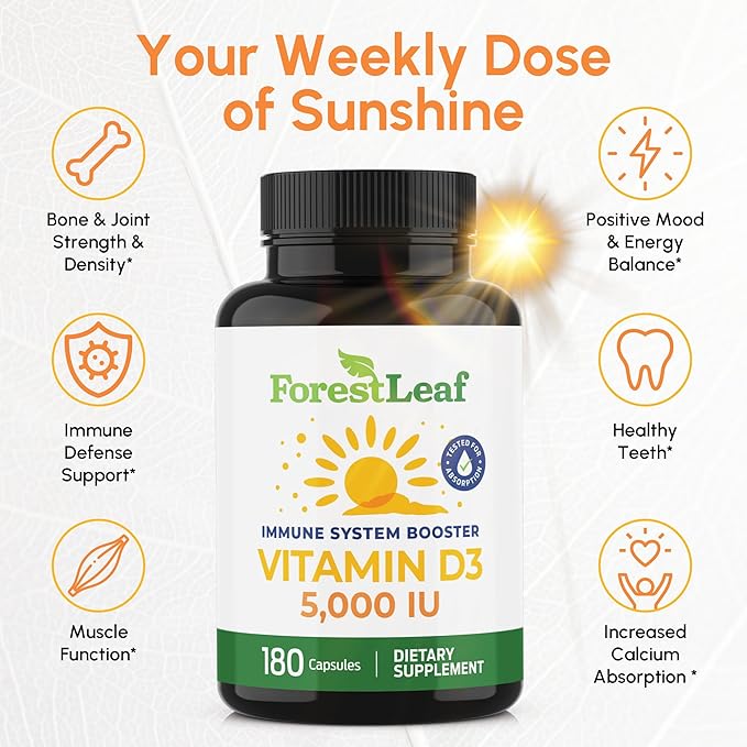 ForestLeaf Vitamin D3 5000 IU | VIT D - VIT D3 Vitamin D Supplements for Women and Men | Bone Health, Teeth and Immune Support | Easy to Swallow Pills | One Capsule Daily, 6-Month Supply, 180 Count