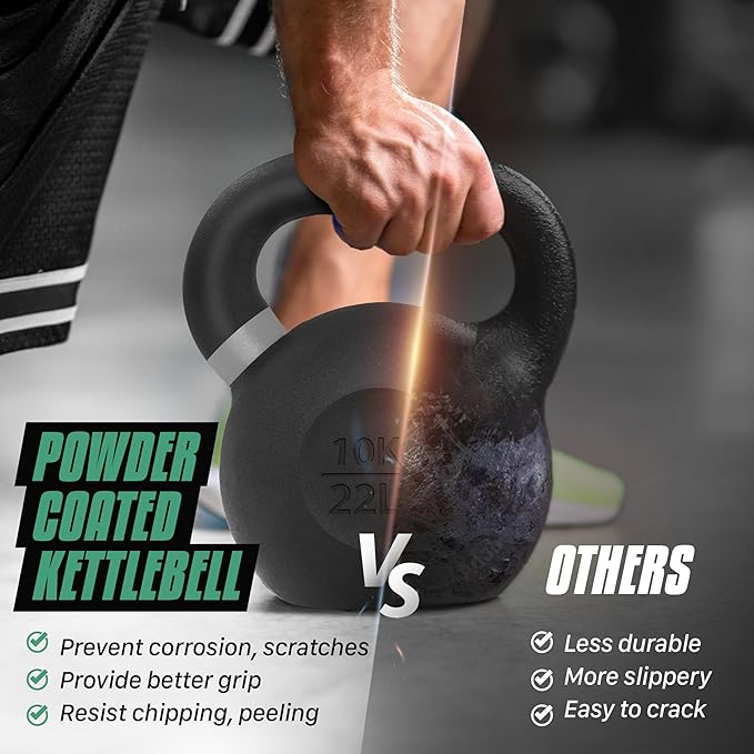 Yes4All Powder Coated Kettlebell, Cast Iron Core Kettlebells with Non-Slip Handle & Flat Bottom for Conditioning, Heavy Duty for Strength Training, 9lb to 71lb - Single & Pair