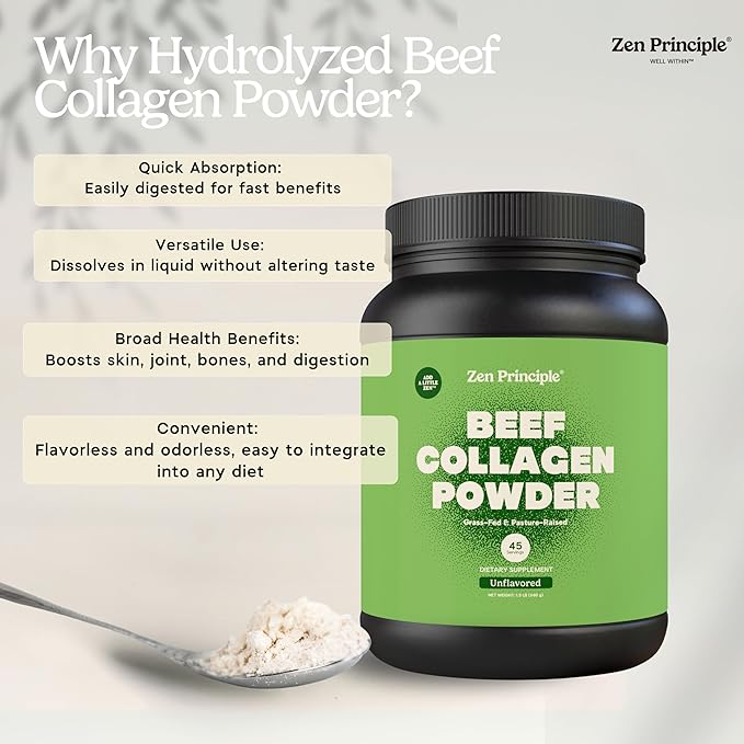 Zen Principle Grass-Fed Agglomerated Hydrolyzed Collagen Peptides 1.5 lb. Anti-Aging Protein Powder for Healthy Hair, Skin, Joints. Paleo Friendly, GMO and Gluten Free, Pasture-Raised Bovine.