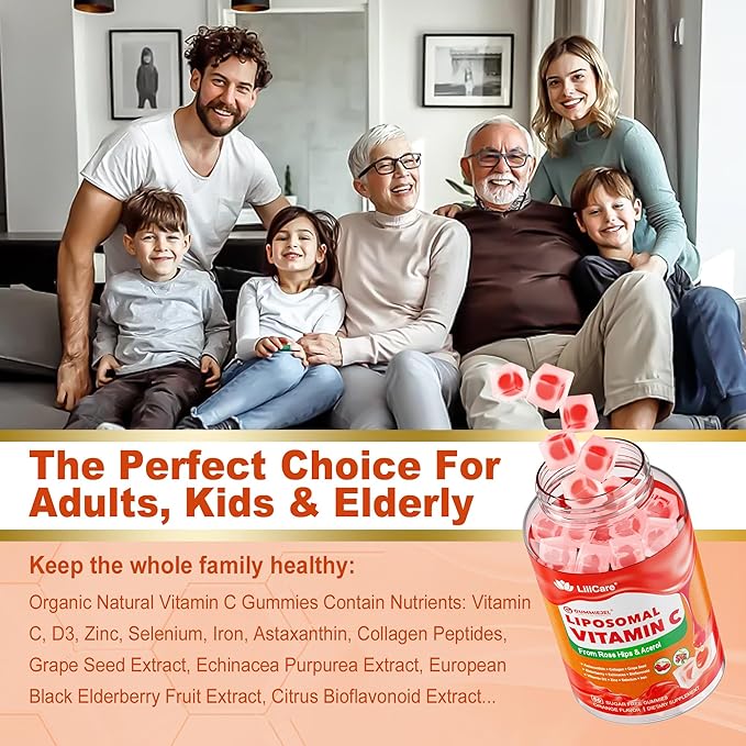 Natural Liposomal Vitamin C 1000mg Gummies for Adults Kids 9+, 1660mg Chewable Vitamin C w/ 11mg Zinc, D3, Elderberry, Echinacea, Bioflavonoid, Immune Support - Organic VIT C from Fruits, Sugar Free