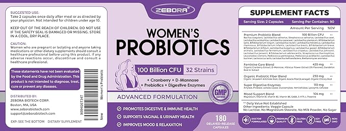 ZEBORA Probiotics for Women Digestive Health with Enzymes, Prebiotics, Vaginal Probiotics, D Mannose & Cranberry, 100 Billion CFUs Probiotic for Gut Health & Urinary Tract Balance, 180 Veggie Capsules