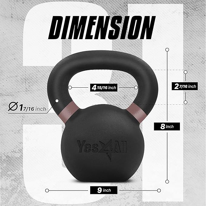 Yes4All Powder Coated Kettlebell, Cast Iron Core Kettlebells with Non-Slip Handle & Flat Bottom for Conditioning, Heavy Duty for Strength Training, 9lb to 71lb - Single & Pair