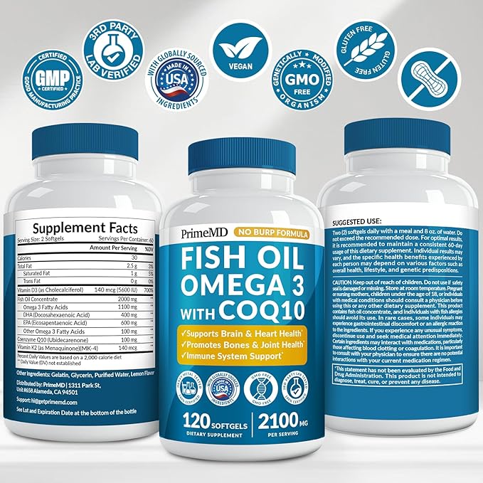 4-in-1 Fish Oil Omega 3 Fatty Supplements (2100mg) - Omega 3 Fish Oil with Vitamins D3 K2 and CoQ10 - Lemon Flavored (120 softgels)