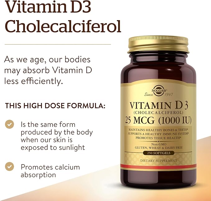 Solgar Vitamin D3 (Cholecalciferol) 25 MCG (1000 IU), 250 Softgels - Helps Maintain Healthy Bones & Teeth - Immune System Support - Non-GMO, Gluten-Free, Dairy Free - 250 Servings