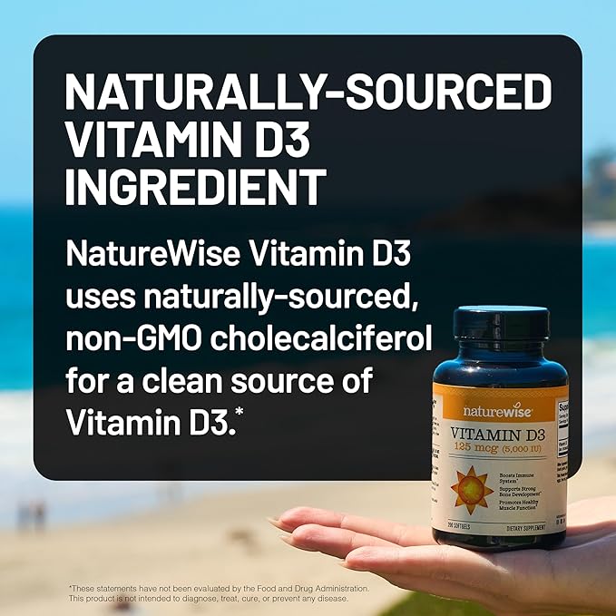 NatureWise Vitamin D3 5000iu (125 mcg) 90-Day Supply for Immune Support, Healthy Muscle Function, and Bone Health - Non-GMO, Gluten-Free in Organic Extra Virgin Olive Oil, (Mini Softgel), 90 Count