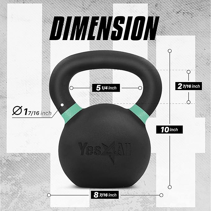 Yes4All Powder Coated Kettlebell, Cast Iron Core Kettlebells with Non-Slip Handle & Flat Bottom for Conditioning, Heavy Duty for Strength Training, 9lb to 71lb - Single & Pair