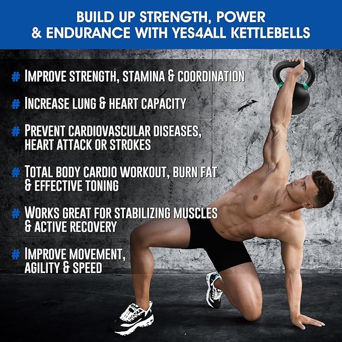 Yes4All Powder Coated Kettlebell, Cast Iron Core Kettlebells with Non-Slip Handle & Flat Bottom for Conditioning, Heavy Duty for Strength Training, 9lb to 71lb - Single & Pair