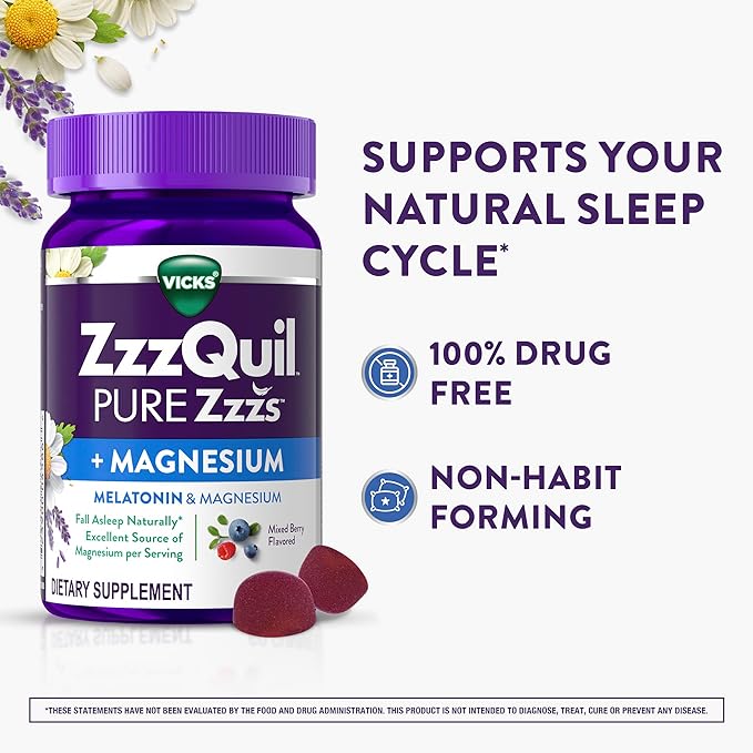ZzzQuil Pure Zzzs + Magnesium, Sleep Aid, Magnesium Citrate and Melatonin Gummies, Melatonin 2mg, Sleep Aids for Adults, Mixed Berry Flavored, 60 Sleep Gummies
