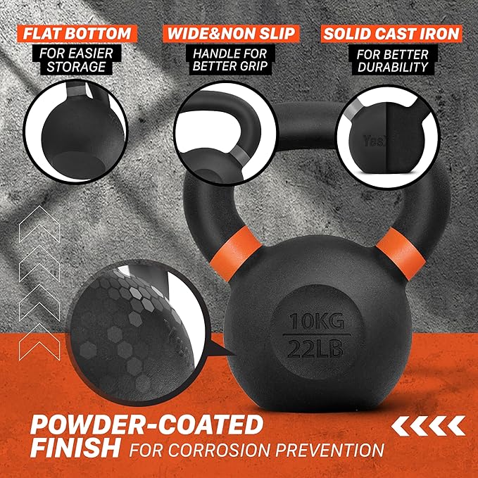 Yes4All Powder Coated Kettlebell, Cast Iron Core Kettlebells with Non-Slip Handle & Flat Bottom for Conditioning, Heavy Duty for Strength Training, 9lb to 71lb - Single & Pair
