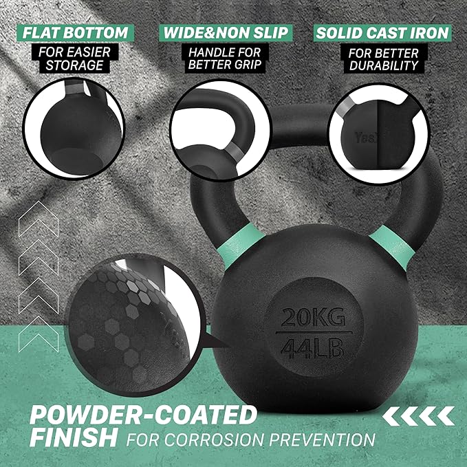 Yes4All Powder Coated Kettlebell, Cast Iron Core Kettlebells with Non-Slip Handle & Flat Bottom for Conditioning, Heavy Duty for Strength Training, 9lb to 71lb - Single & Pair
