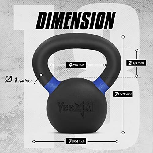 Yes4All Powder Coated Kettlebell, Cast Iron Core Kettlebells with Non-Slip Handle & Flat Bottom for Conditioning, Heavy Duty for Strength Training, 9lb to 71lb - Single & Pair