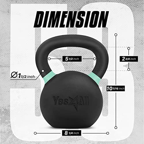 Yes4All Powder Coated Kettlebell, Cast Iron Core Kettlebells with Non-Slip Handle & Flat Bottom for Conditioning, Heavy Duty for Strength Training, 9lb to 71lb - Single & Pair