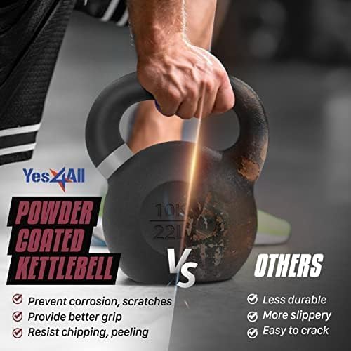 Yes4All Powder Coated Kettlebell, Cast Iron Core Kettlebells with Non-Slip Handle & Flat Bottom for Conditioning, Heavy Duty for Strength Training, 9lb to 71lb - Single & Pair