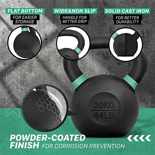Yes4All Powder Coated Kettlebell, Cast Iron Core Kettlebells with Non-Slip Handle & Flat Bottom for Conditioning, Heavy Duty for Strength Training, 9lb to 71lb - Single & Pair