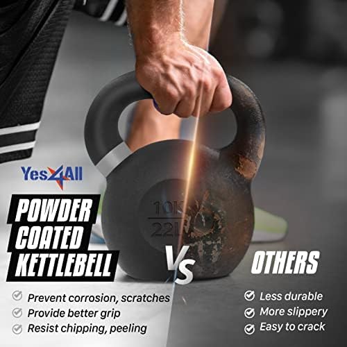 Yes4All Powder Coated Kettlebell, Cast Iron Core Kettlebells with Non-Slip Handle & Flat Bottom for Conditioning, Heavy Duty for Strength Training, 9lb to 71lb - Single & Pair