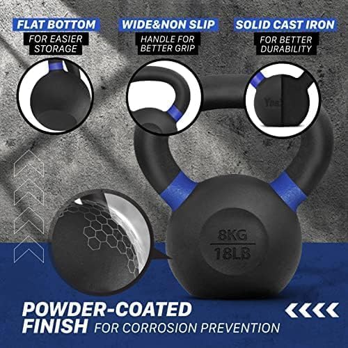 Yes4All Powder Coated Kettlebell, Cast Iron Core Kettlebells with Non-Slip Handle & Flat Bottom for Conditioning, Heavy Duty for Strength Training, 9lb to 71lb - Single & Pair