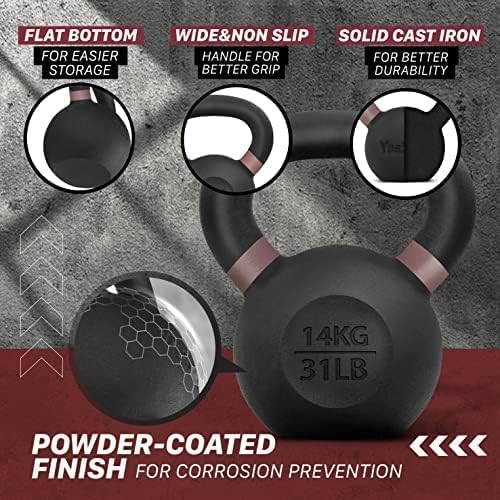 Yes4All Powder Coated Kettlebell, Cast Iron Core Kettlebells with Non-Slip Handle & Flat Bottom for Conditioning, Heavy Duty for Strength Training, 9lb to 71lb - Single & Pair