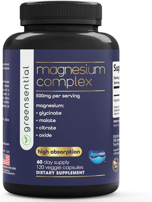 5-in-1 Magnesium Complex 500mg with Aquamin® | 2-Month Supply | Glycinate, Oxide, Citrate, Malate | High Absorption for Sleep, Muscles & Energy | Vegan, 120 Ct