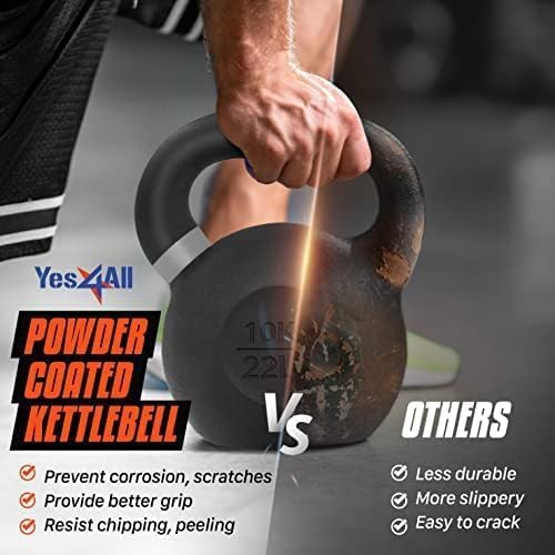Yes4All Powder Coated Kettlebell, Cast Iron Core Kettlebells with Non-Slip Handle & Flat Bottom for Conditioning, Heavy Duty for Strength Training, 9lb to 71lb - Single & Pair