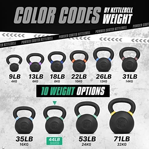 Yes4All Powder Coated Kettlebell, Cast Iron Core Kettlebells with Non-Slip Handle & Flat Bottom for Conditioning, Heavy Duty for Strength Training, 9lb to 71lb - Single & Pair