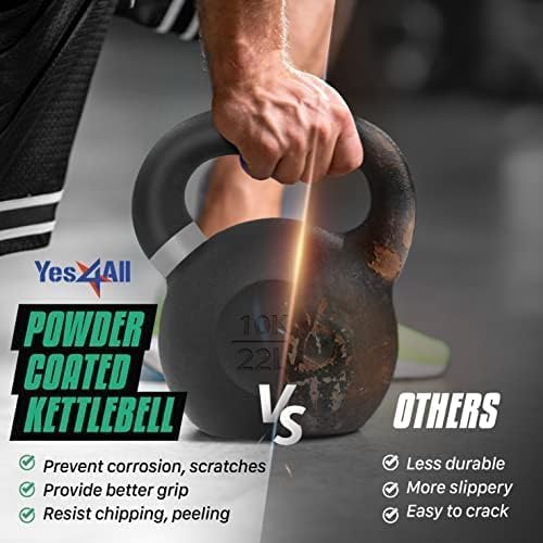 Yes4All Powder Coated Kettlebell, Cast Iron Core Kettlebells with Non-Slip Handle & Flat Bottom for Conditioning, Heavy Duty for Strength Training, 9lb to 71lb - Single & Pair