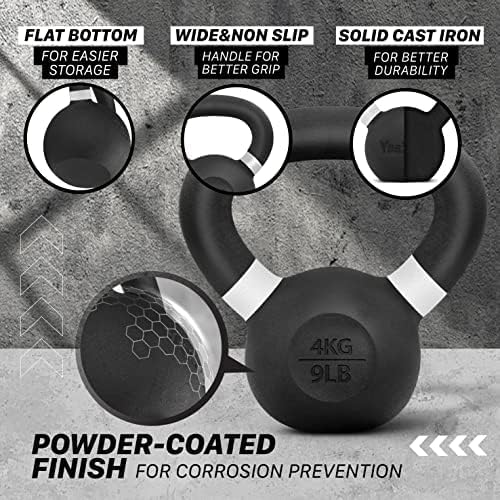 Yes4All Powder Coated Kettlebell, Cast Iron Core Kettlebells with Non-Slip Handle & Flat Bottom for Conditioning, Heavy Duty for Strength Training, 9lb to 71lb - Single & Pair