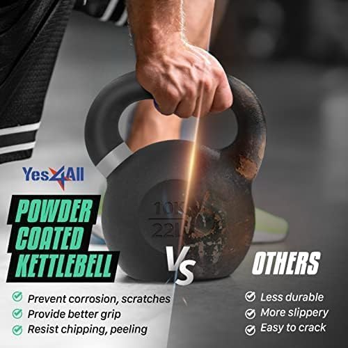 Yes4All Powder Coated Kettlebell, Cast Iron Core Kettlebells with Non-Slip Handle & Flat Bottom for Conditioning, Heavy Duty for Strength Training, 9lb to 71lb - Single & Pair