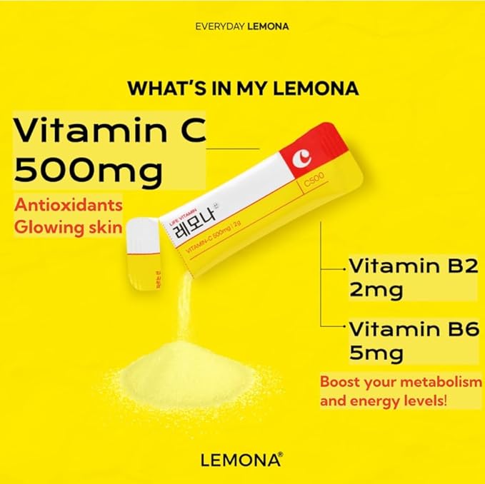 LEMONA Official Vitamin C Powder 500mg Korean Supplements Immune Support B6, B2, On-The-Go Packets Vitamin Healthy Living, Easy to Take Daily Energy Boost Korean Food Snacks Lemon (70Sticks)