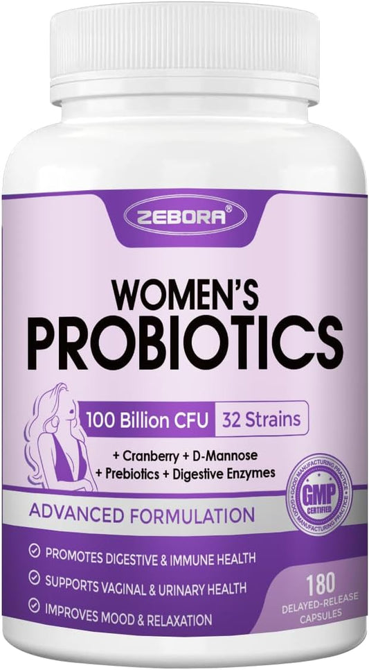 ZEBORA Probiotics for Women Digestive Health with Enzymes, Prebiotics, Vaginal Probiotics, D Mannose & Cranberry, 100 Billion CFUs Probiotic for Gut Health & Urinary Tract Balance, 180 Veggie Capsules