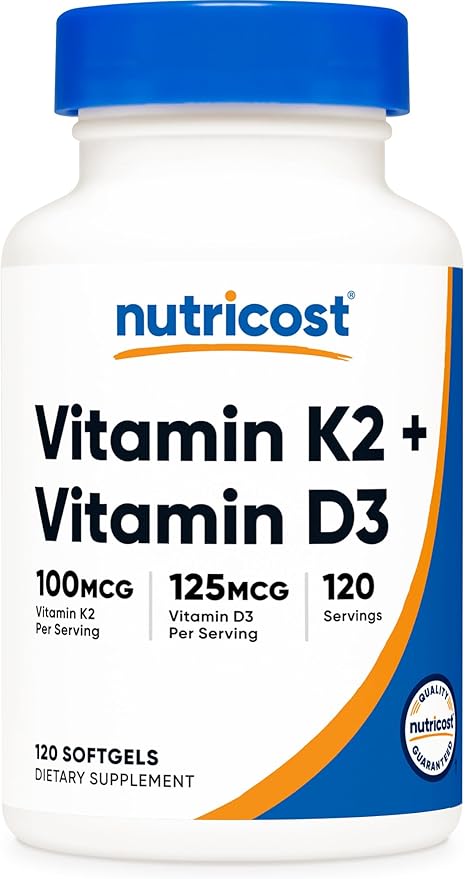 Nutricost Vitamin K2 (MK7) (100mcg) + Vitamin D3 (5000 IU) 120 Softgels - Gluten Free and Non-GMO