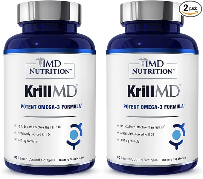 1MD Nutrition KrillMD - Antarctic Krill Oil Omega 3 Supplement with Astaxanthin, EPA, DHA | 2X More Effective Than Fish Oil | 60 Softgels (2-Pack)