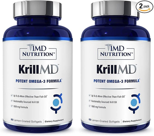 1MD Nutrition KrillMD - Antarctic Krill Oil Omega 3 Supplement with Astaxanthin, EPA, DHA | 2X More Effective Than Fish Oil | 60 Softgels (2-Pack)